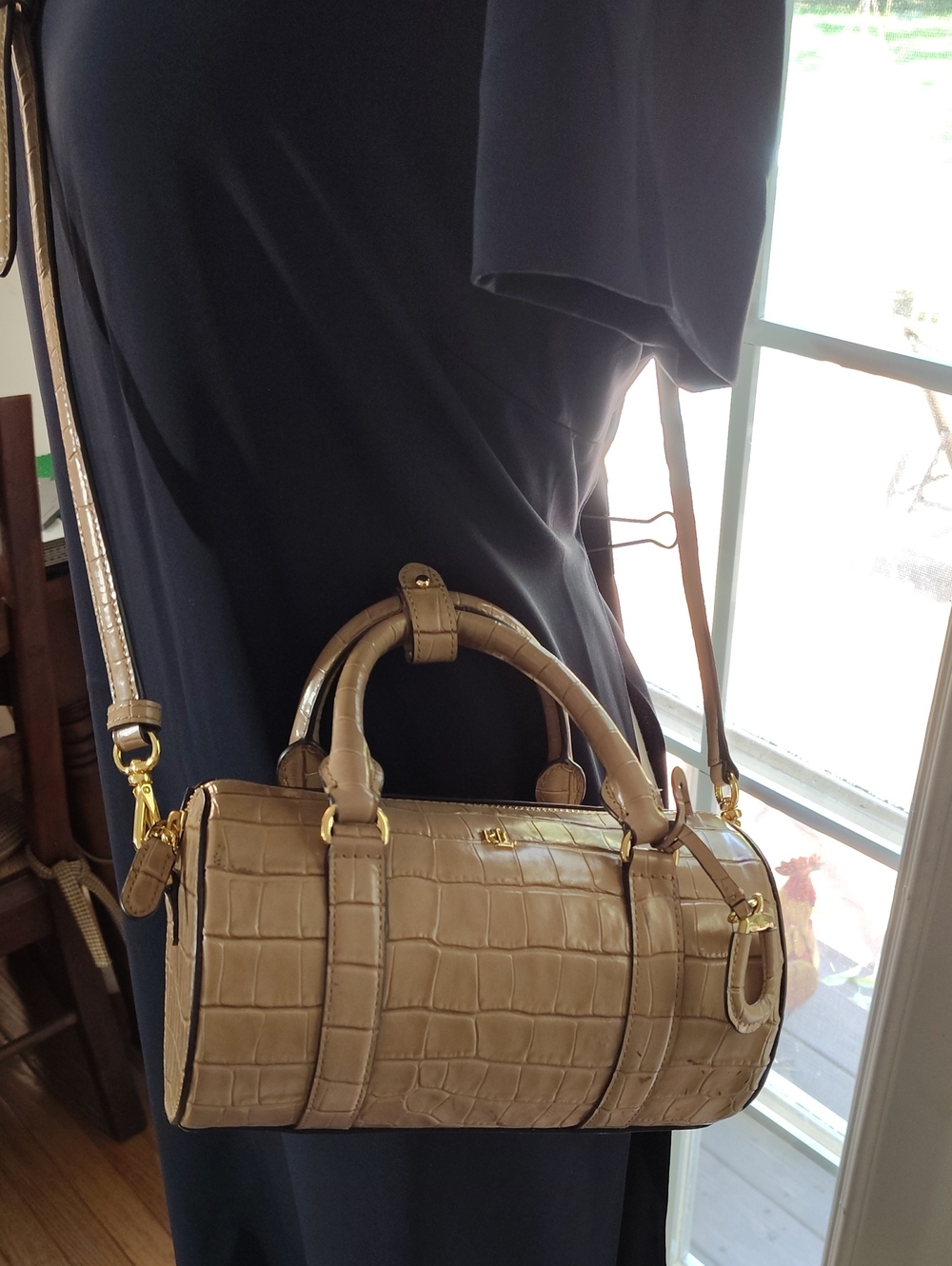 Structured Croc-Embossed Barrel Satchel in Beige